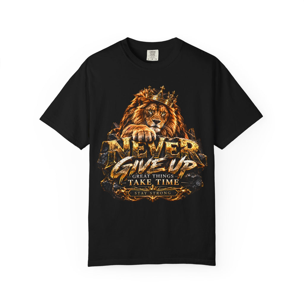 Lion Graphic T-Shirt — "Never Give Up: Great Things Take Time" Motivational Tee