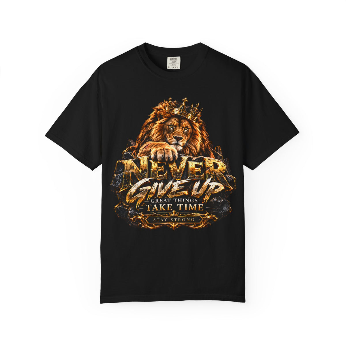 Lion Graphic T-Shirt — "Never Give Up: Great Things Take Time" Motivational Tee