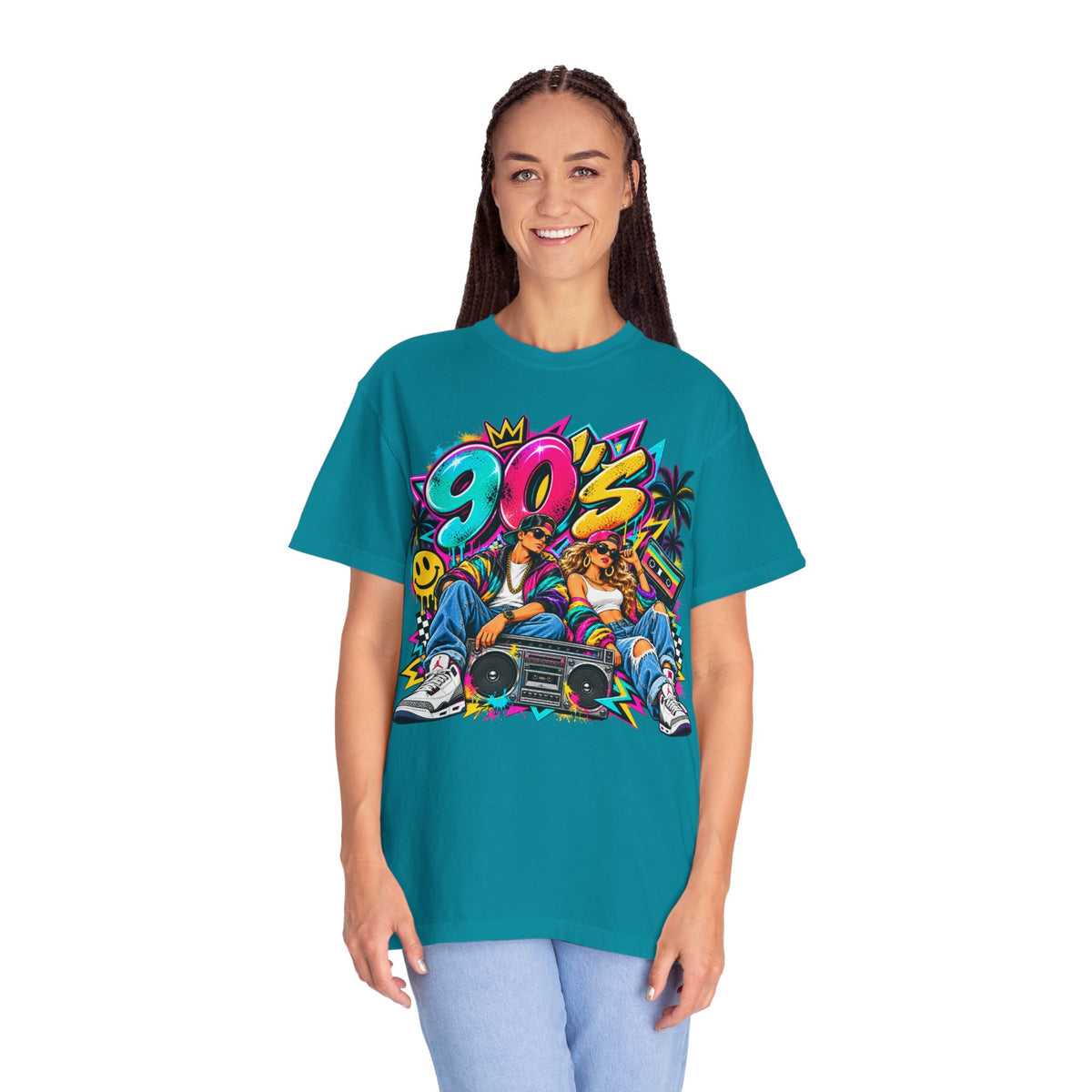 90s Retro Streetwear T-Shirt — Vintage Boombox & Neon Graffiti Design