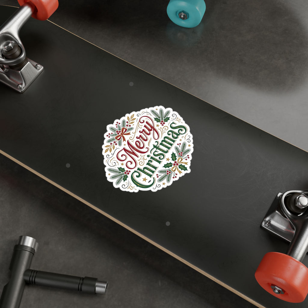 Merry Christmas Vinyl Decal — Holiday Wreath Sticker for Windows, Laptops & Gifts