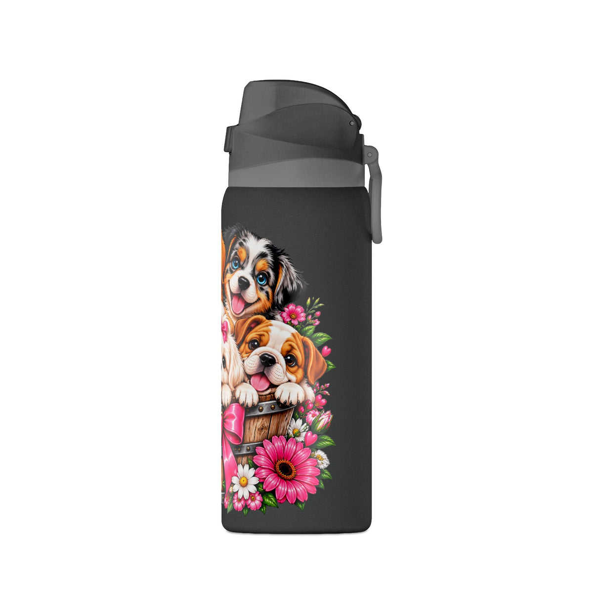32oz Insulated Water Bottle with Adorable Dogs and Flowers