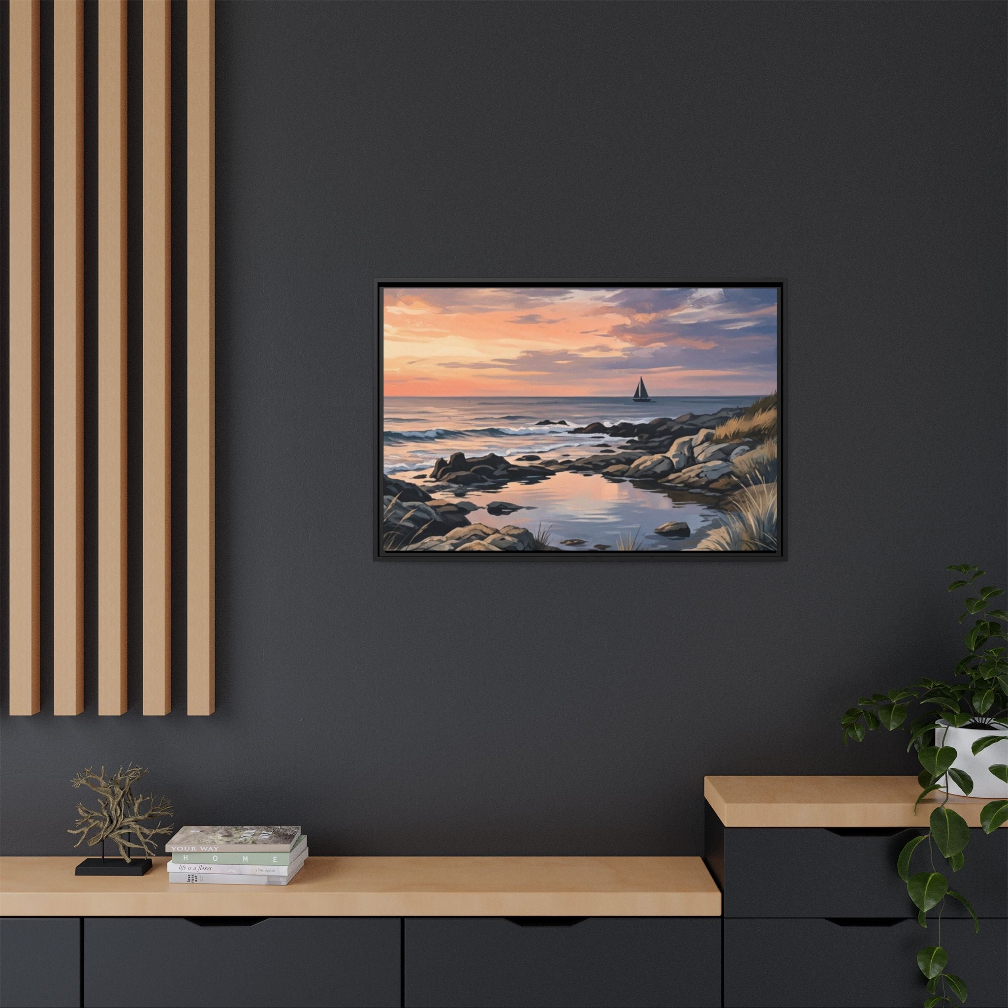 Framed Seaside Sunset Matte Canvas Print – Sailboat Coastal Wall Art