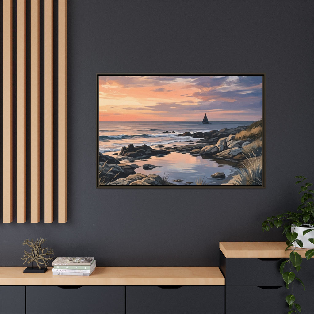 Framed Seaside Sunset Matte Canvas Print – Sailboat Coastal Wall Art