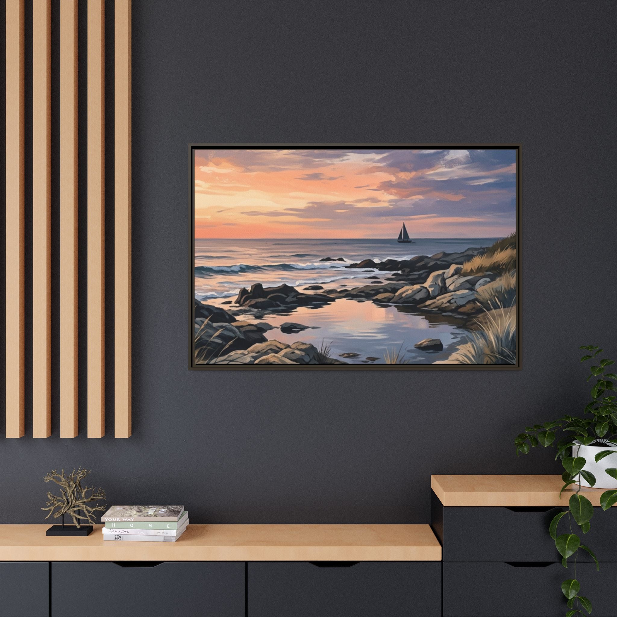 Framed Seaside Sunset Matte Canvas Print – Sailboat Coastal Wall Art