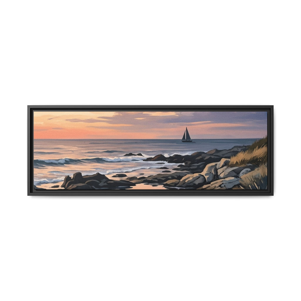 Framed Seaside Sunset Matte Canvas Print – Sailboat Coastal Wall Art