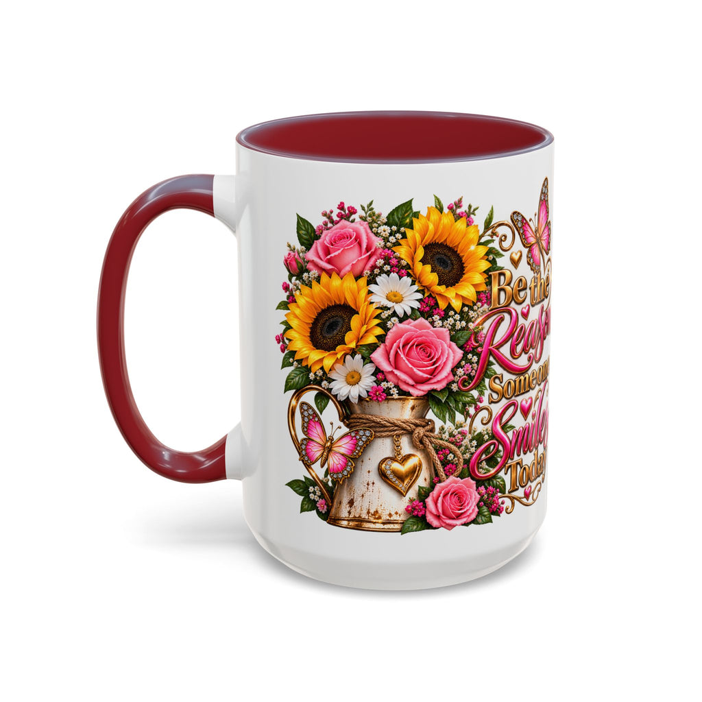 Be the Reason Someone Smiles Today Accent Coffee Mug – Floral Sunflower & Rose Inspirational 11/15oz