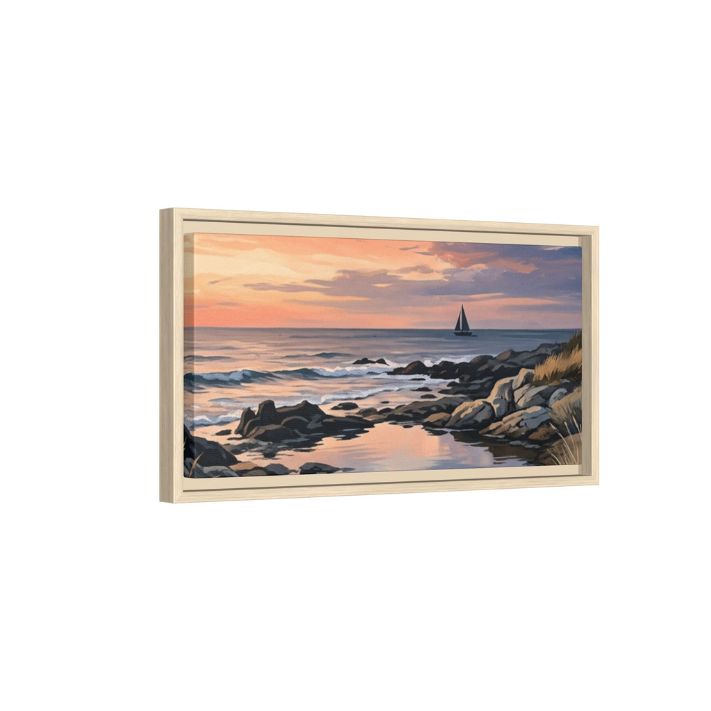 Framed Seaside Sunset Matte Canvas Print – Sailboat Coastal Wall Art