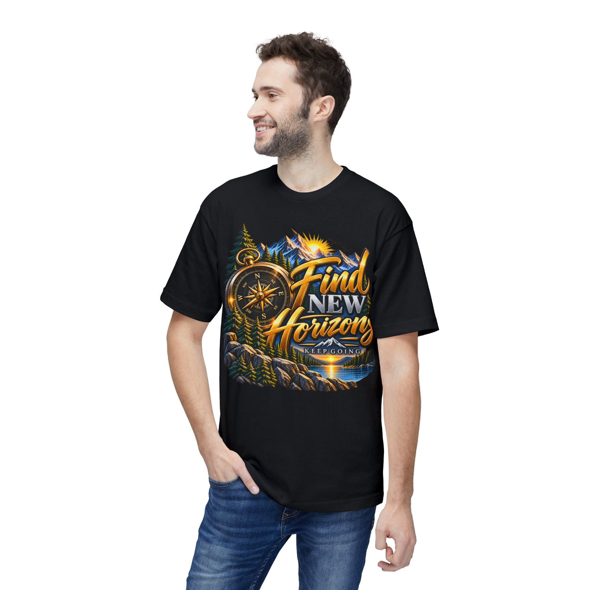 Find New Horizons T-Shirt — Adventure Compass Mountain Graphic Tee