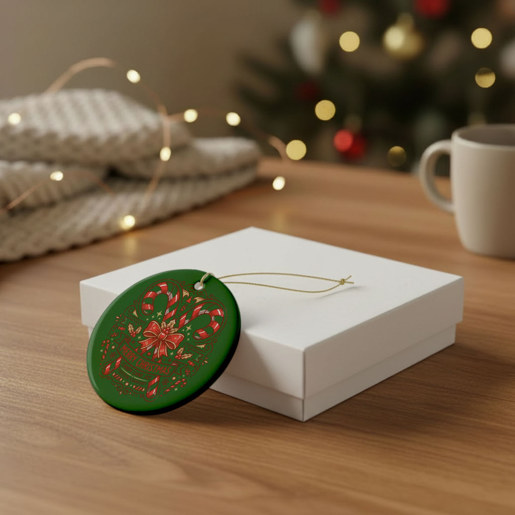 Christmas Candy Cane Ceramic Ornament — 'Merry Christmas' Holiday Tree Decoration