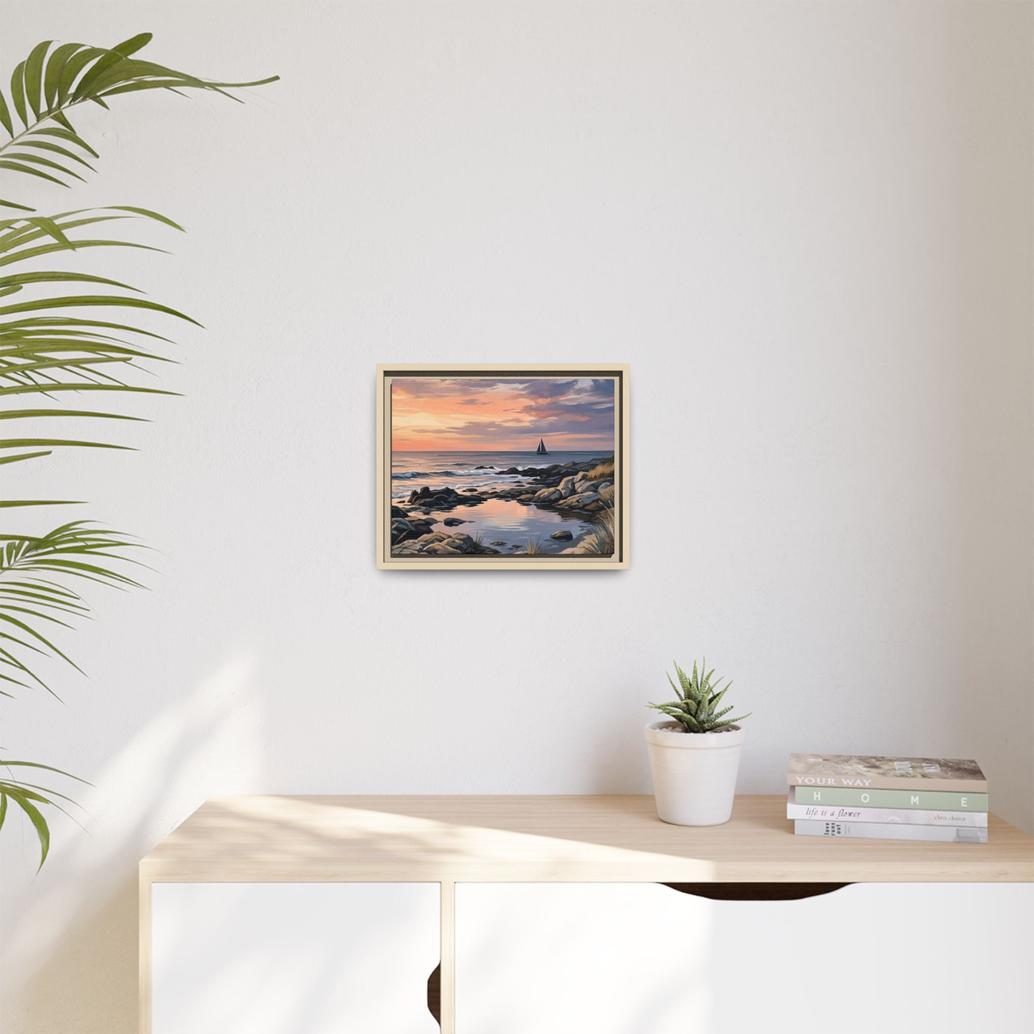 Framed Seaside Sunset Matte Canvas Print – Sailboat Coastal Wall Art