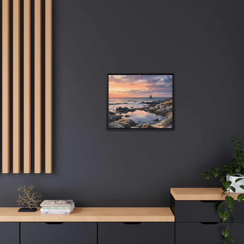 Framed Seaside Sunset Matte Canvas Print – Sailboat Coastal Wall Art