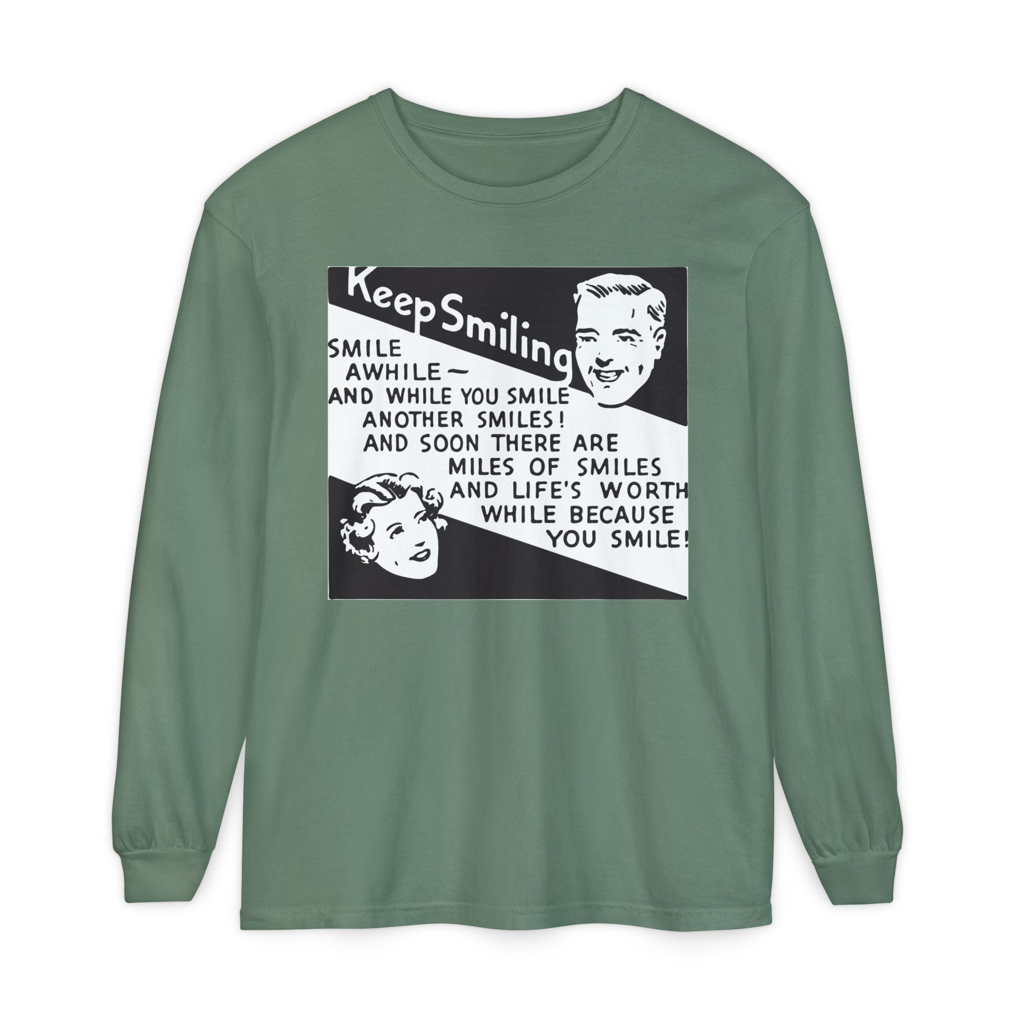 Keep Smiling Long Sleeve Tee — Retro Motivational Graphic Shirt