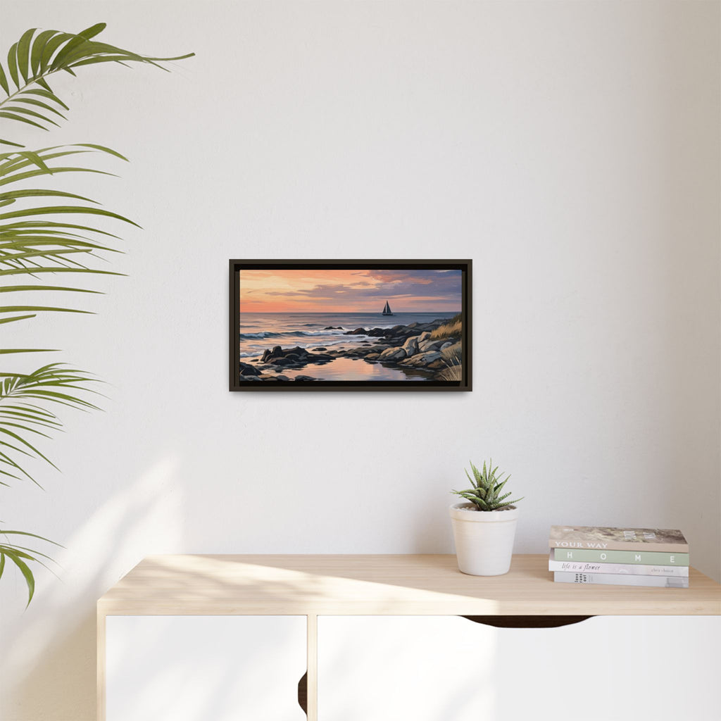 Framed Seaside Sunset Matte Canvas Print – Sailboat Coastal Wall Art