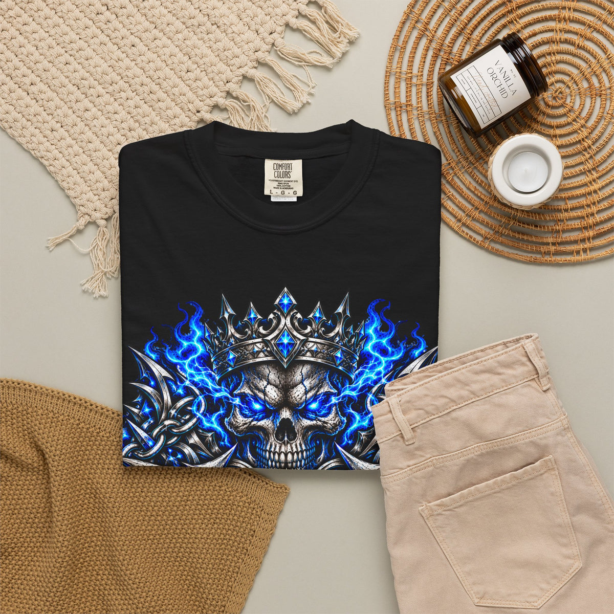 Wrath Skull Crown T‑Shirt — Blue Flame Gothic Graphic Tee