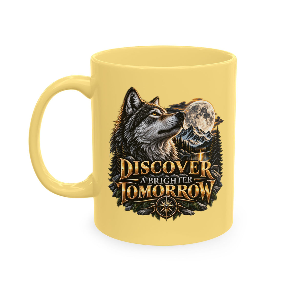 Discover Tomorrow Ceramic Mug — Howling Wolf & Moon Coffee Cup