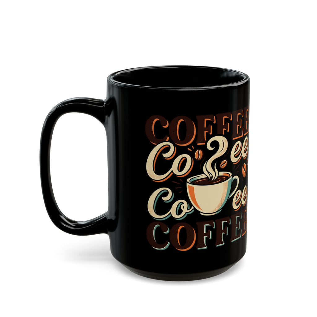 Coffee Lovers Black Mug — Retro 'Coffee' Typography with Steaming Cup (11oz & 15oz)