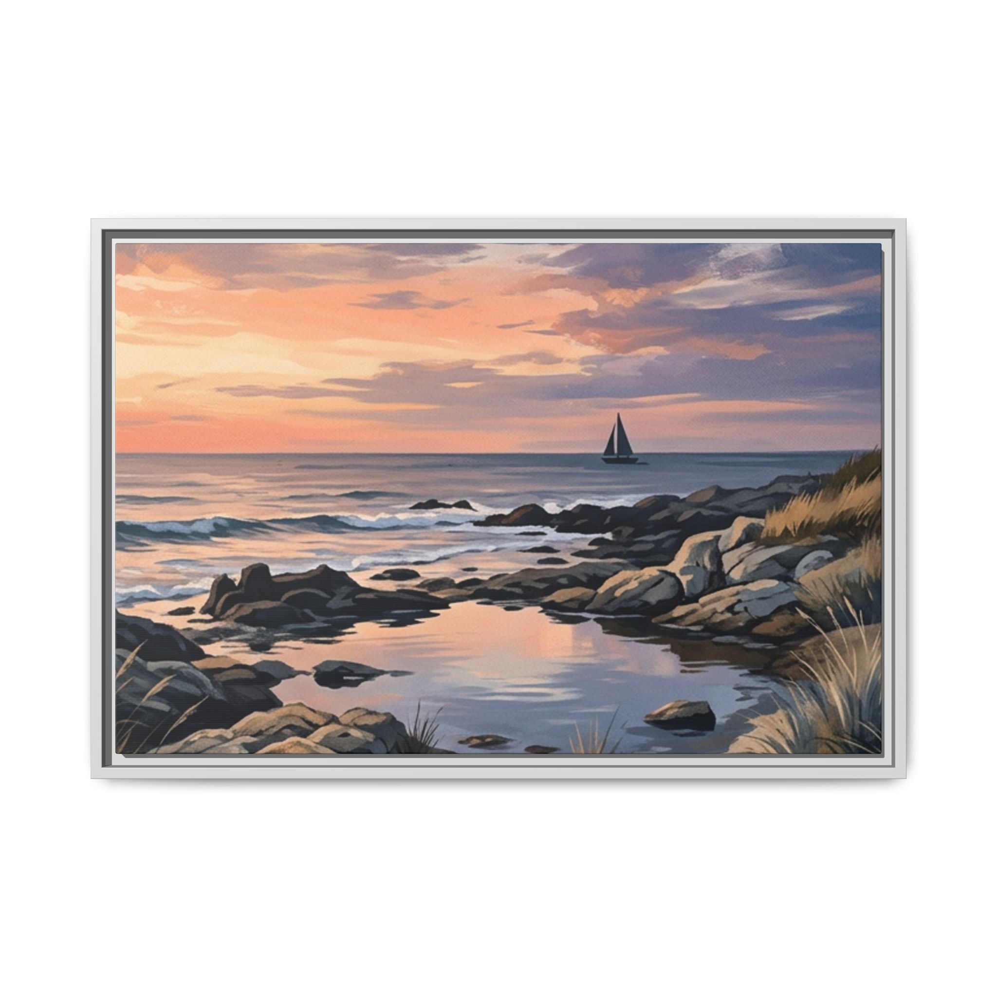 Framed Seaside Sunset Matte Canvas Print – Sailboat Coastal Wall Art