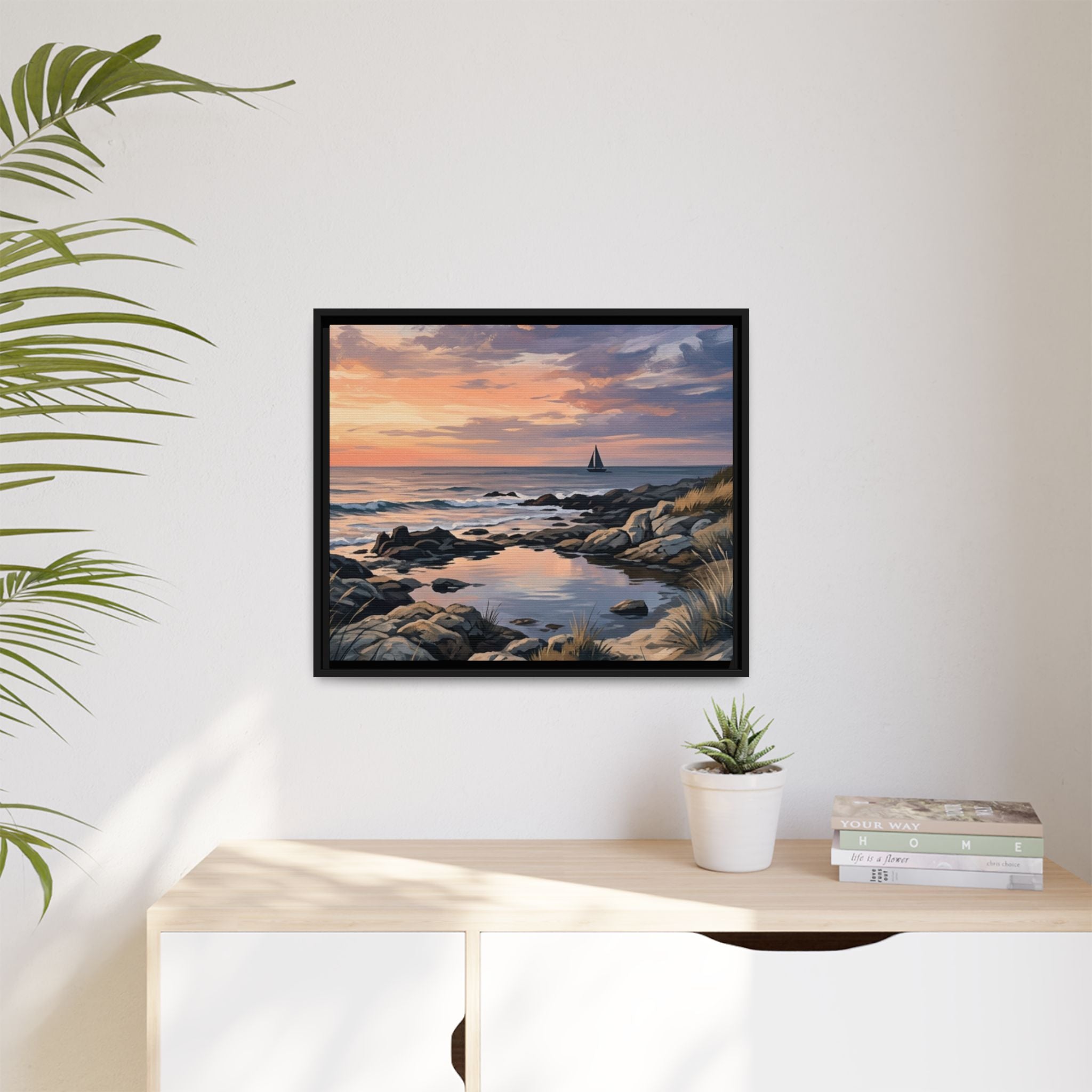 Framed Seaside Sunset Matte Canvas Print – Sailboat Coastal Wall Art