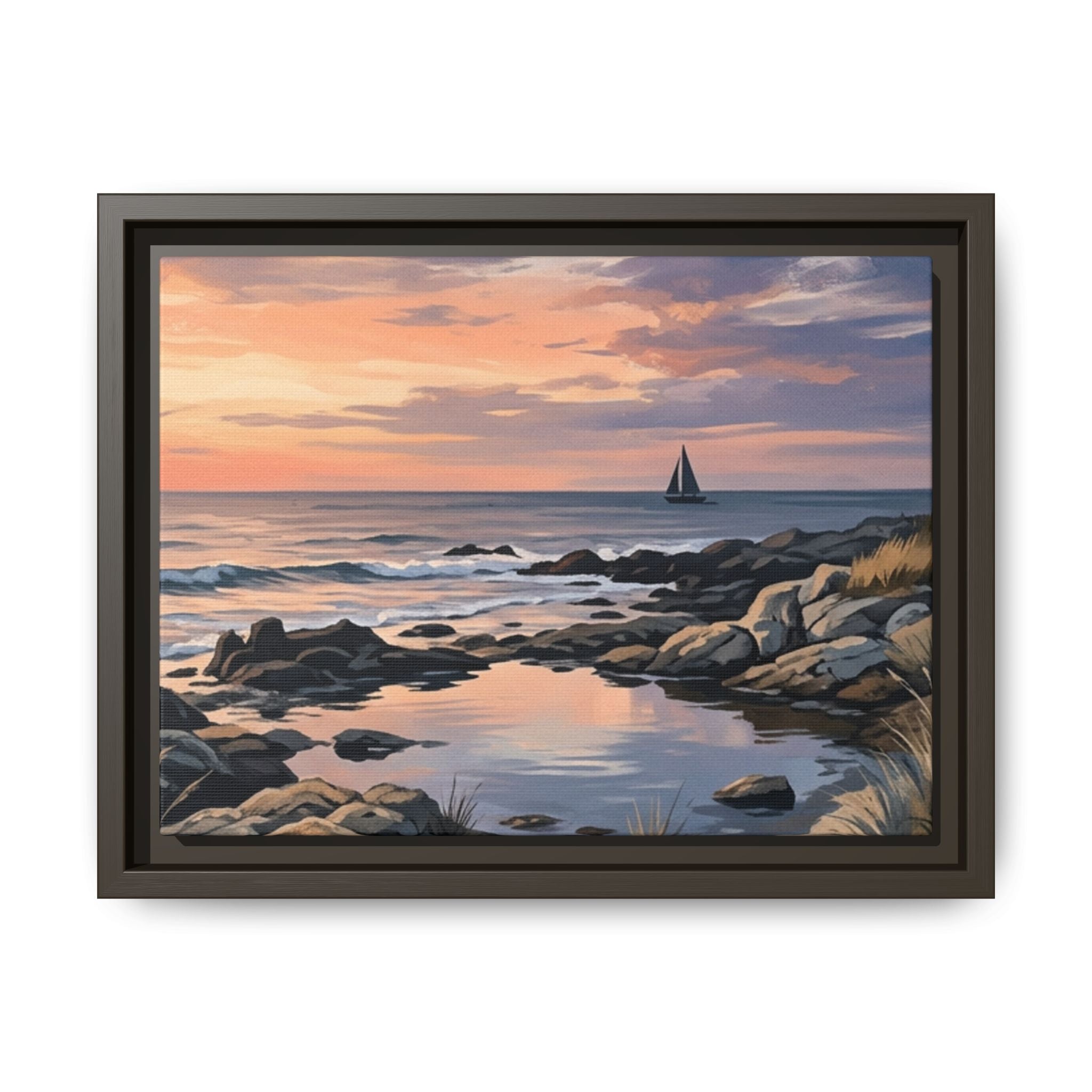 Framed Seaside Sunset Matte Canvas Print – Sailboat Coastal Wall Art