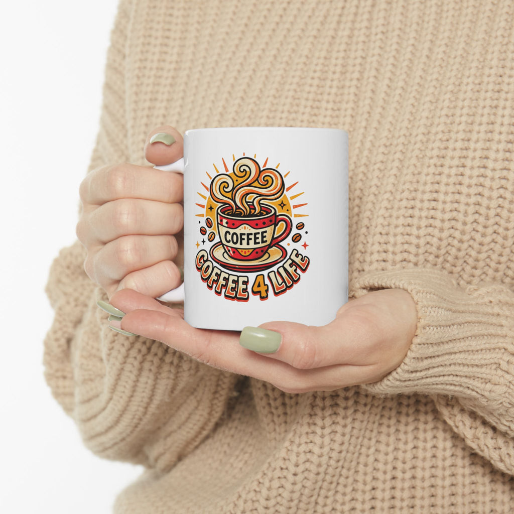 Coffee Mug - Retro 'Coffee 4 Life' Ceramic Mug, 11oz & 15oz
