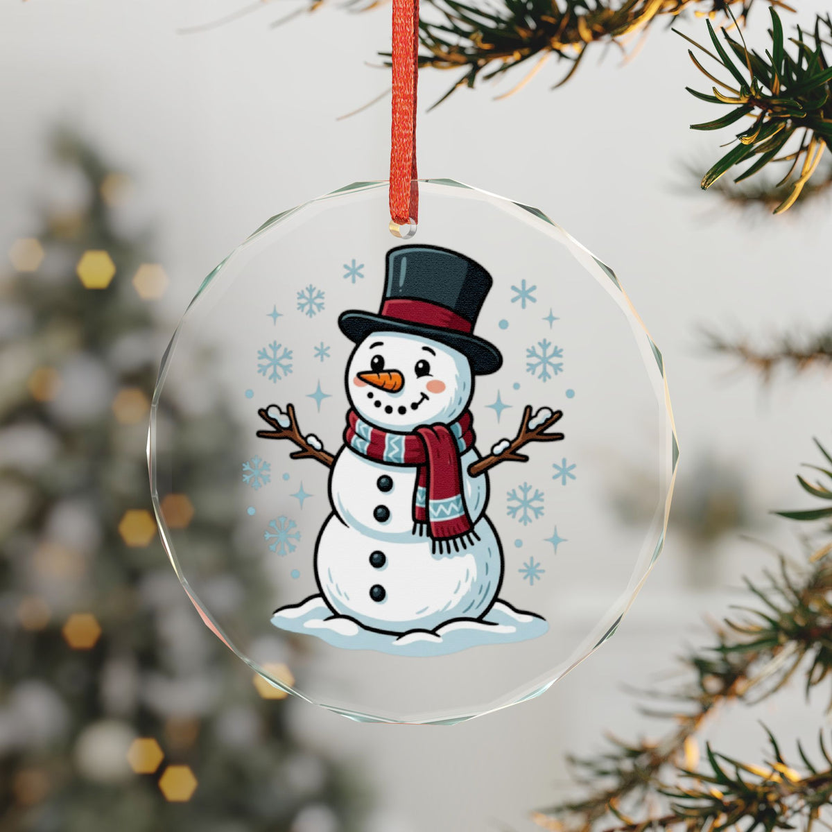 Glass Ornament - Cute Snowman Holiday Ornament with Top Hat & Scarf