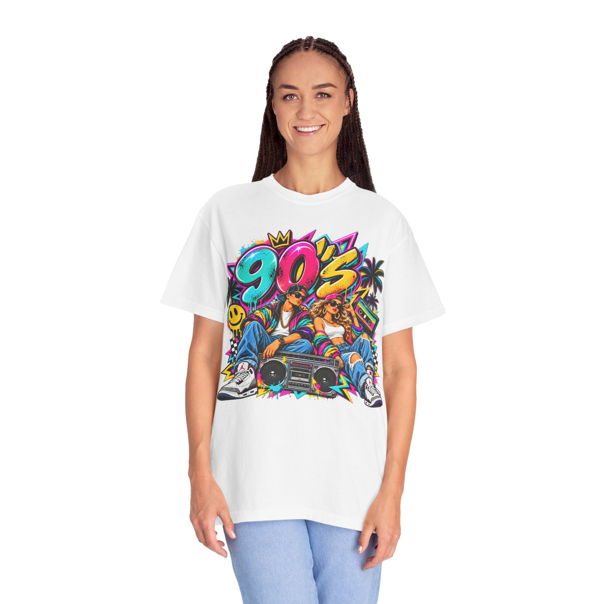90s Retro Streetwear T-Shirt — Vintage Boombox & Neon Graffiti Design