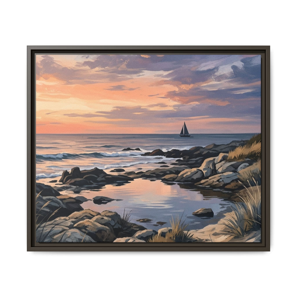 Framed Seaside Sunset Matte Canvas Print – Sailboat Coastal Wall Art