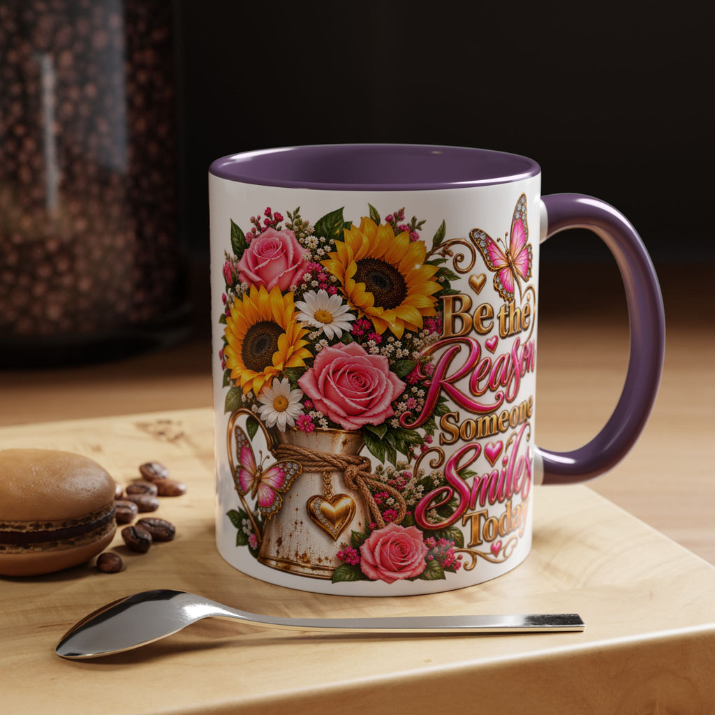 Be the Reason Someone Smiles Today Accent Coffee Mug – Floral Sunflower & Rose Inspirational 11/15oz