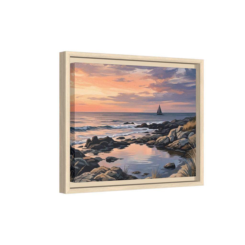 Framed Seaside Sunset Matte Canvas Print – Sailboat Coastal Wall Art