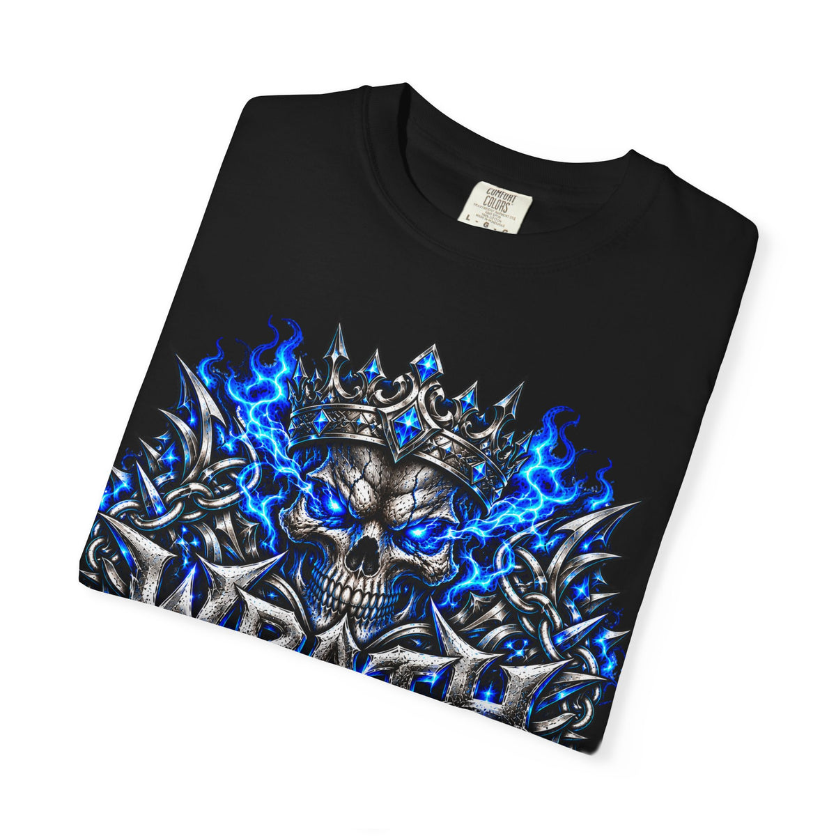 Wrath Skull Crown T‑Shirt — Blue Flame Gothic Graphic Tee