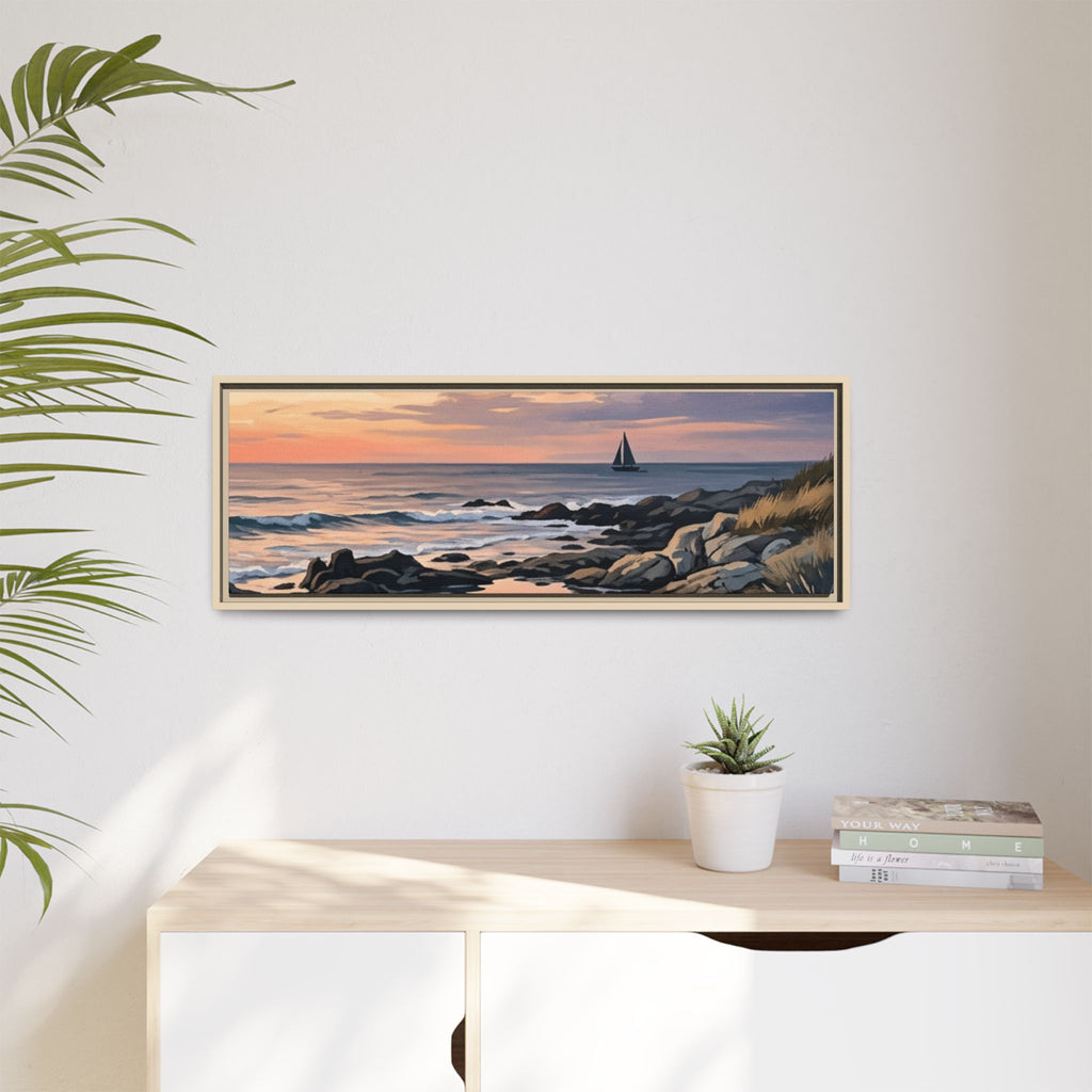 Framed Seaside Sunset Matte Canvas Print – Sailboat Coastal Wall Art