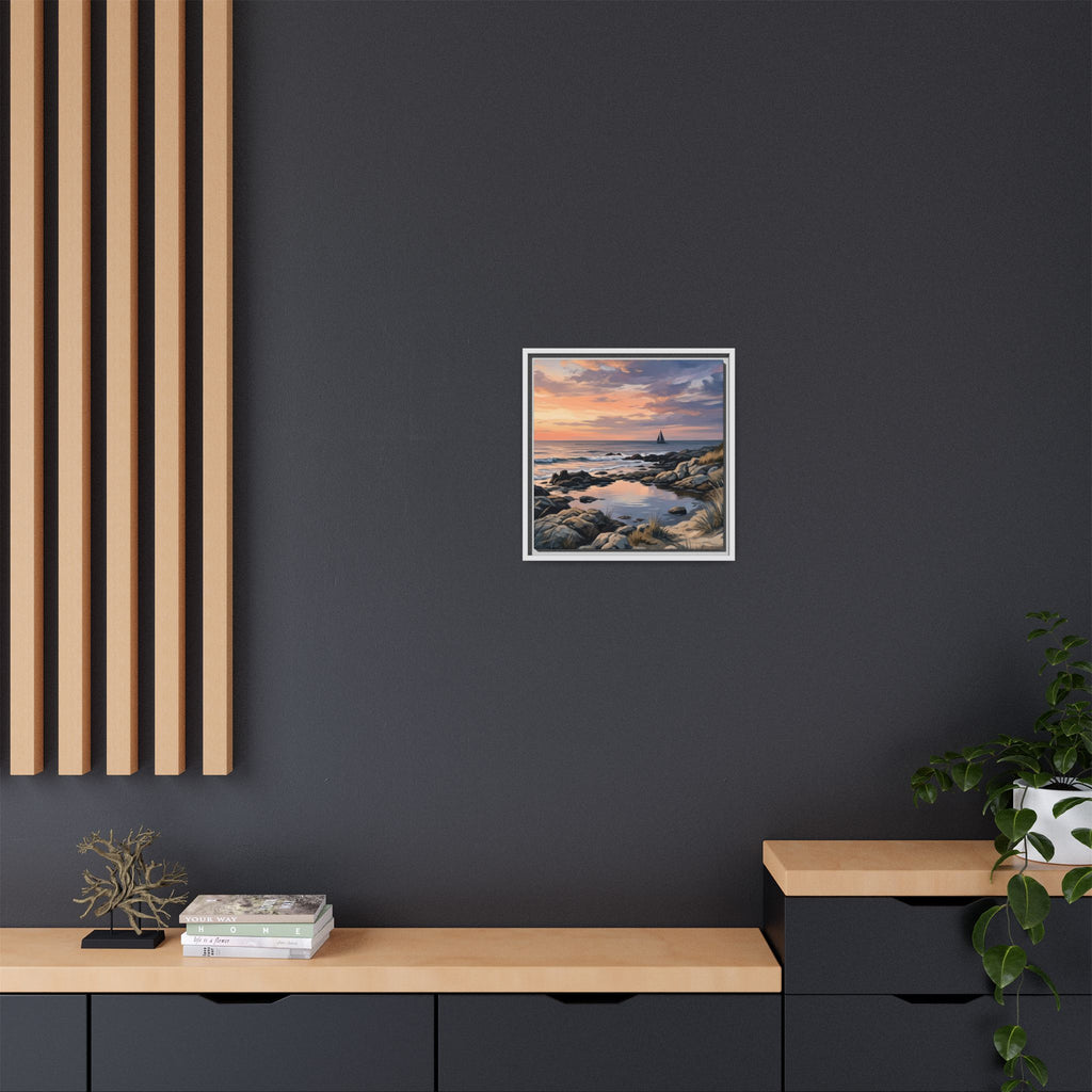Framed Seaside Sunset Matte Canvas Print – Sailboat Coastal Wall Art