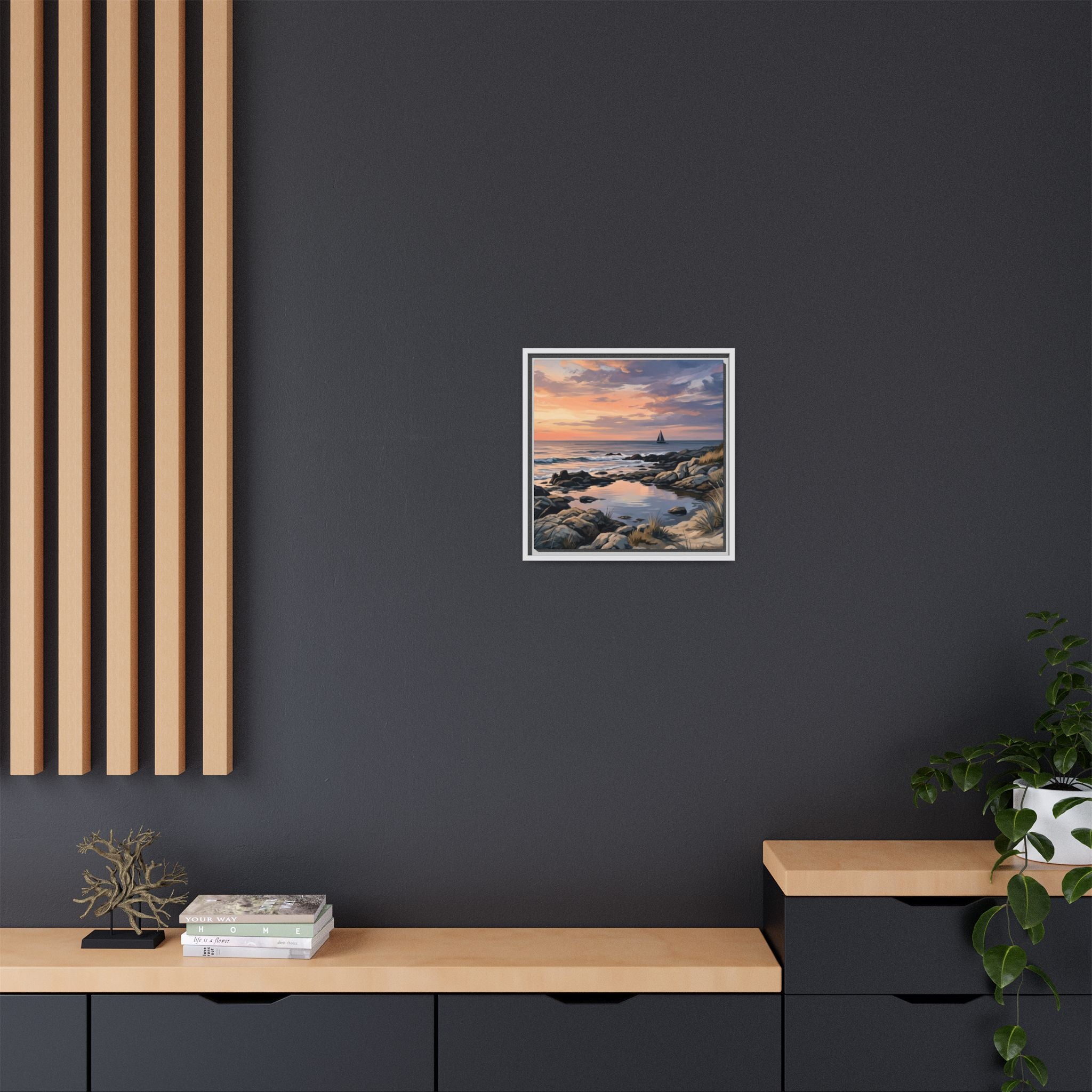 Framed Seaside Sunset Matte Canvas Print – Sailboat Coastal Wall Art