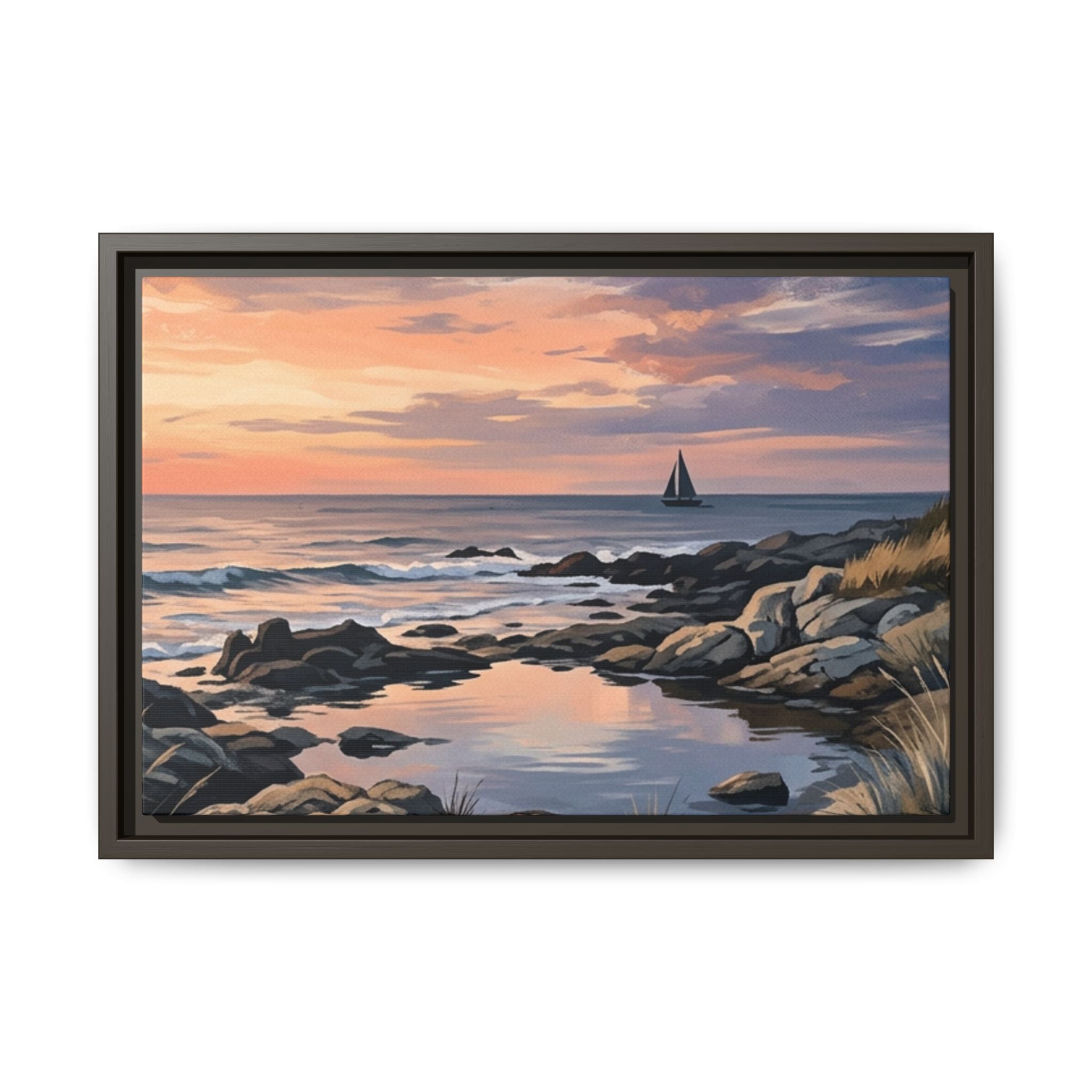 Framed Seaside Sunset Matte Canvas Print – Sailboat Coastal Wall Art