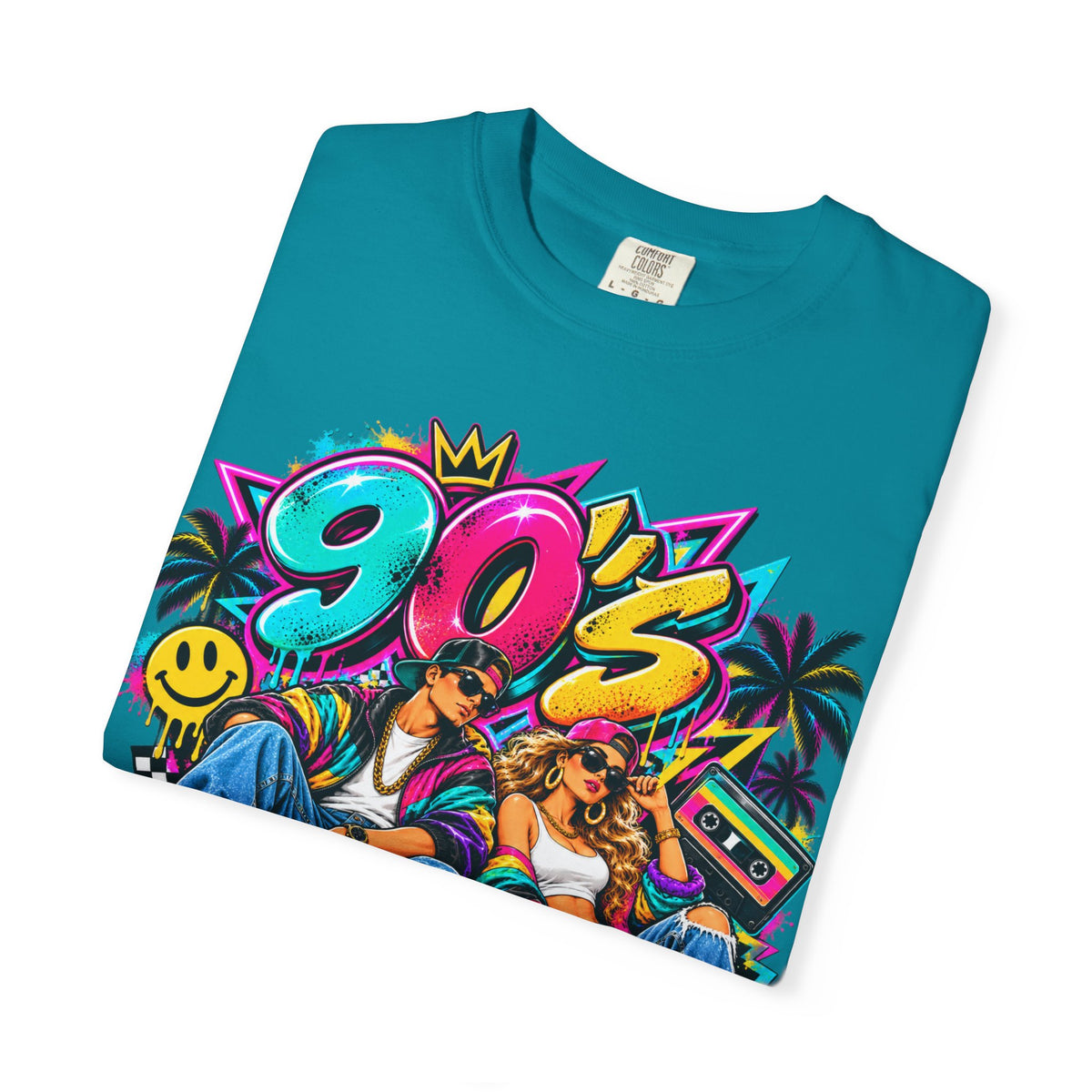 90s Retro Streetwear T-Shirt — Vintage Boombox & Neon Graffiti Design