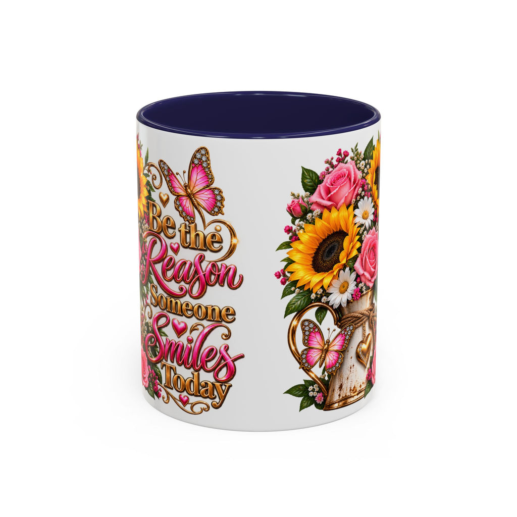 Be the Reason Someone Smiles Today Accent Coffee Mug – Floral Sunflower & Rose Inspirational 11/15oz