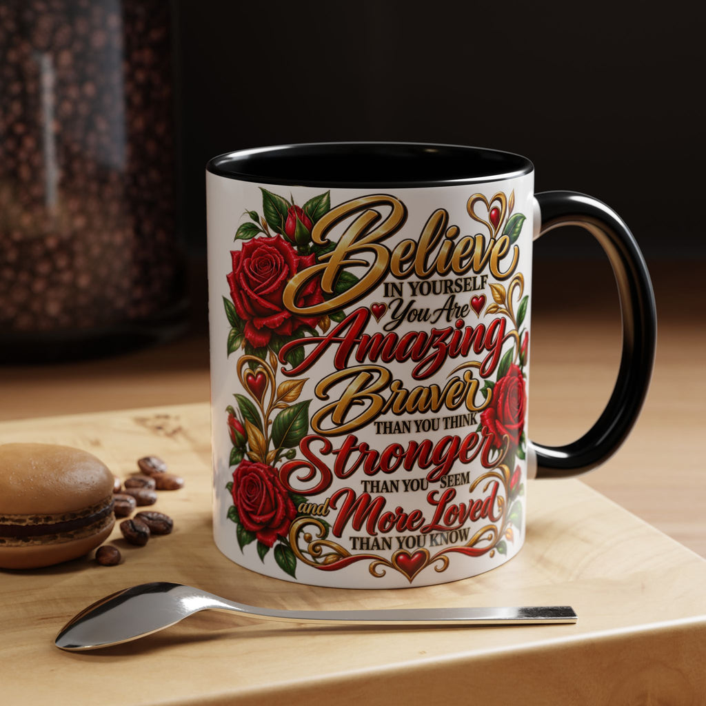 Inspirational Rose Coffee Mug — "Believe in Yourself" Motivational Tea Cup