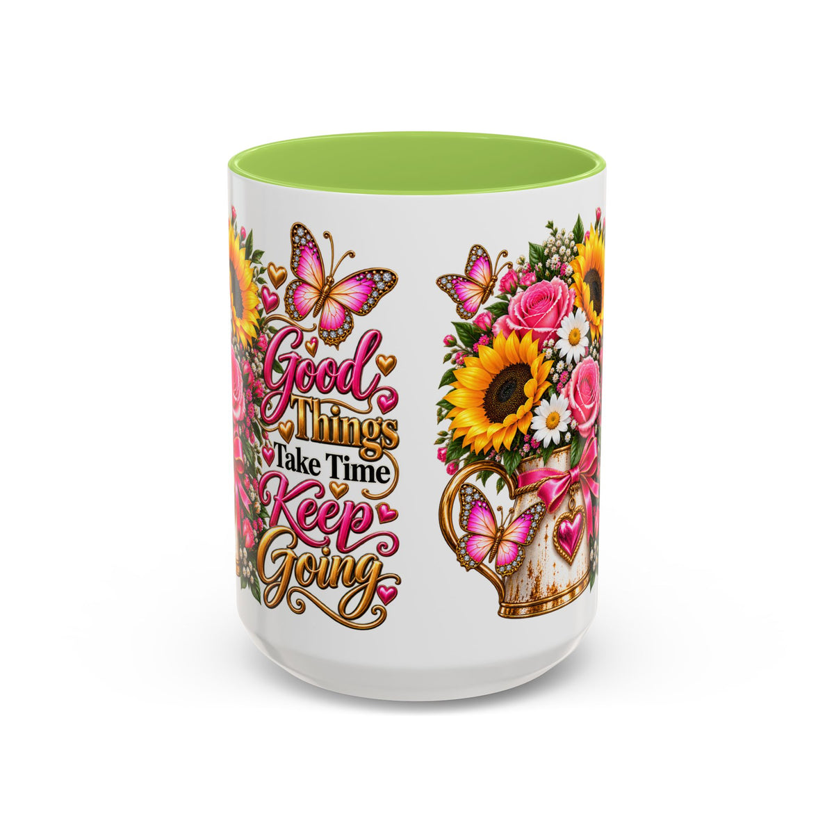 Inspiring Floral Coffee Mug — "Good Things Take Time, Keep Going"