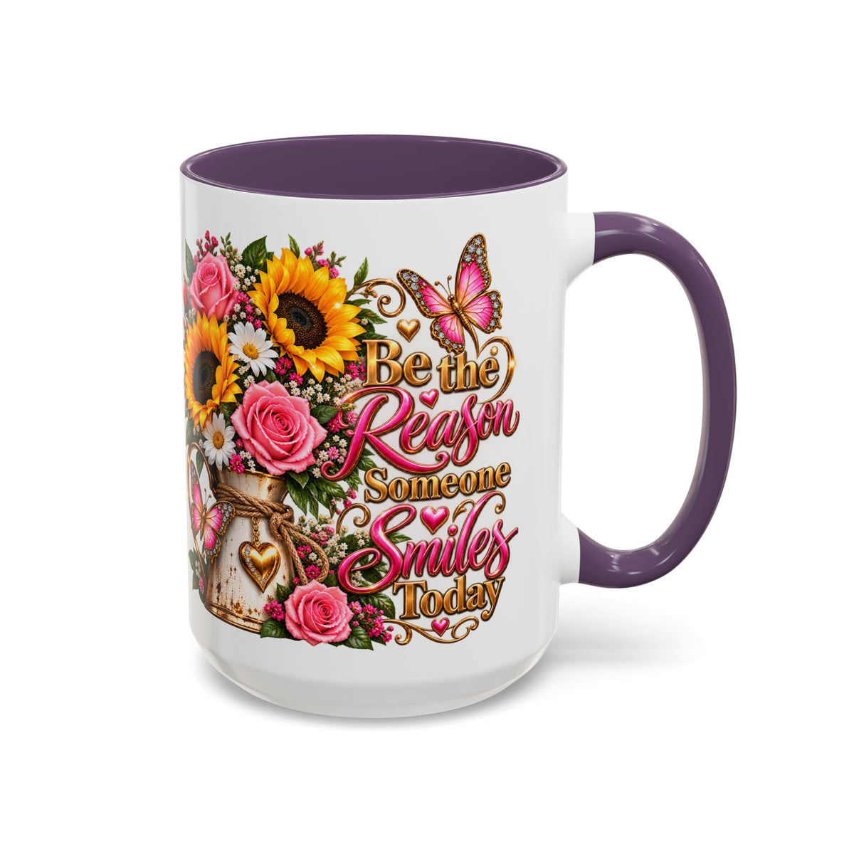 Be the Reason Someone Smiles Today Accent Coffee Mug – Floral Sunflower & Rose Inspirational 11/15oz