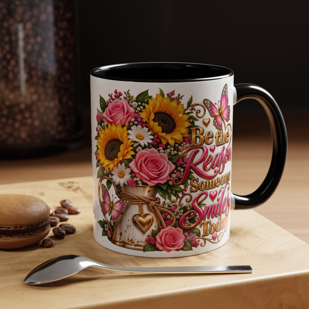 Be the Reason Someone Smiles Today Accent Coffee Mug – Floral Sunflower & Rose Inspirational 11/15oz