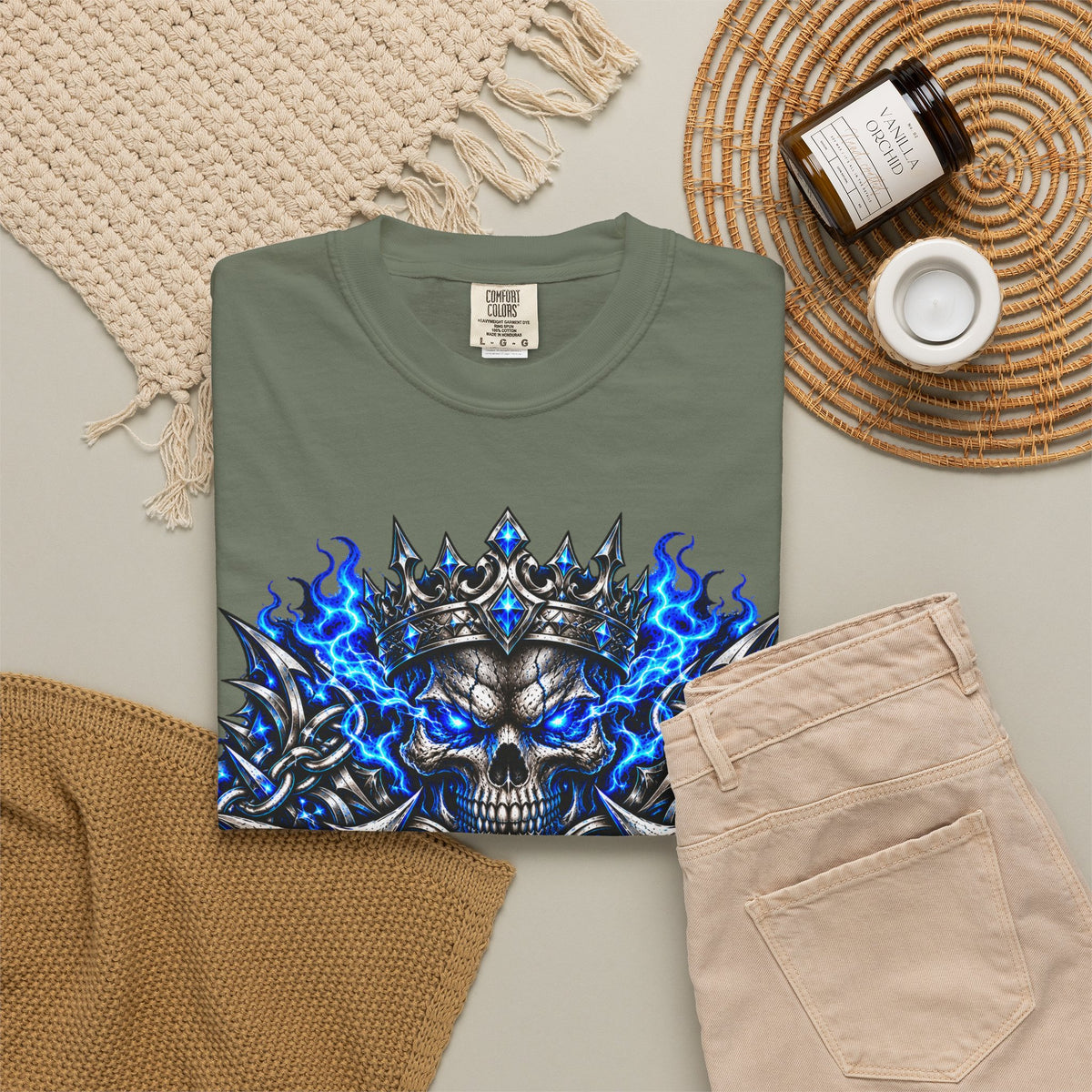 Wrath Skull Crown T‑Shirt — Blue Flame Gothic Graphic Tee