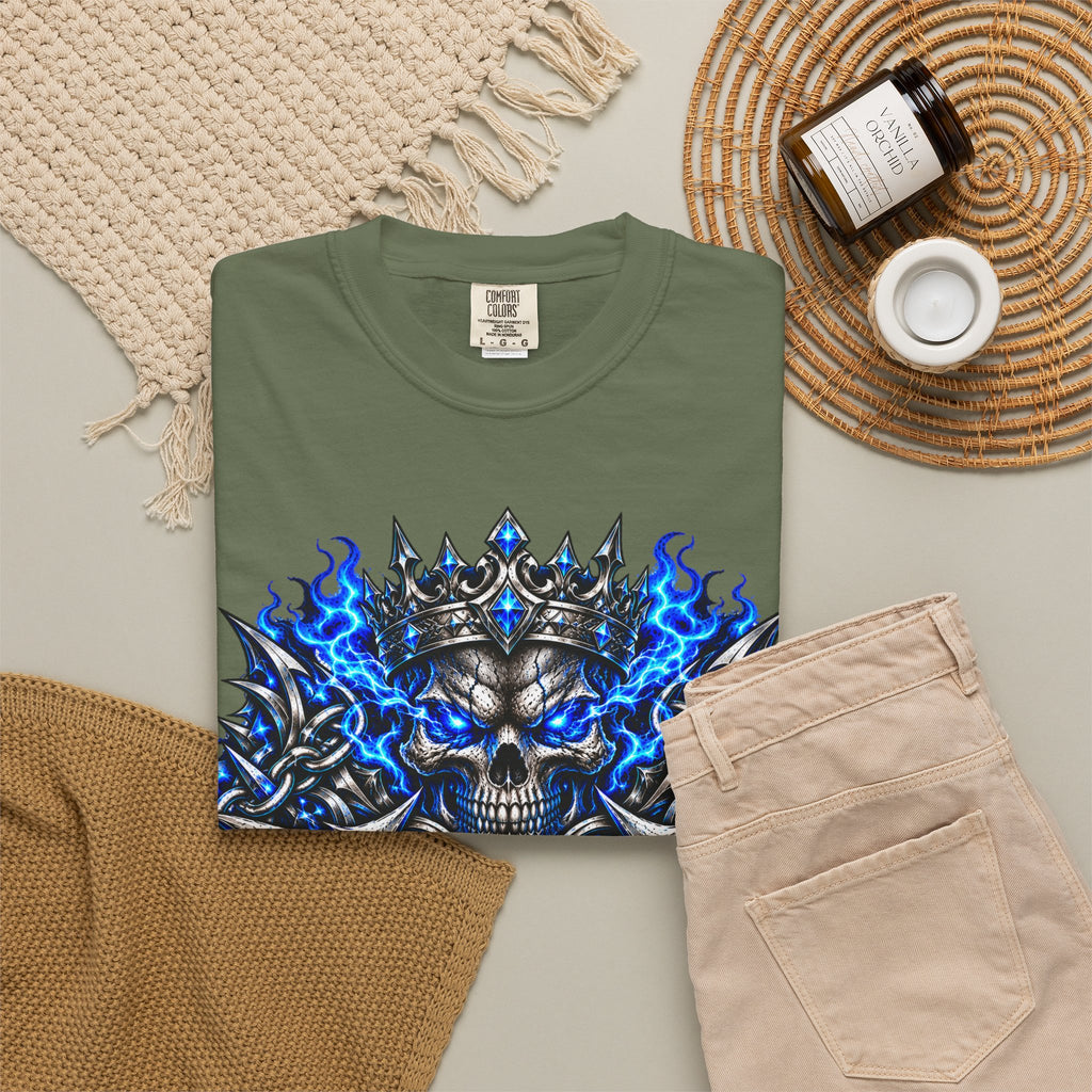 Wrath Skull Crown T‑Shirt — Blue Flame Gothic Graphic Tee