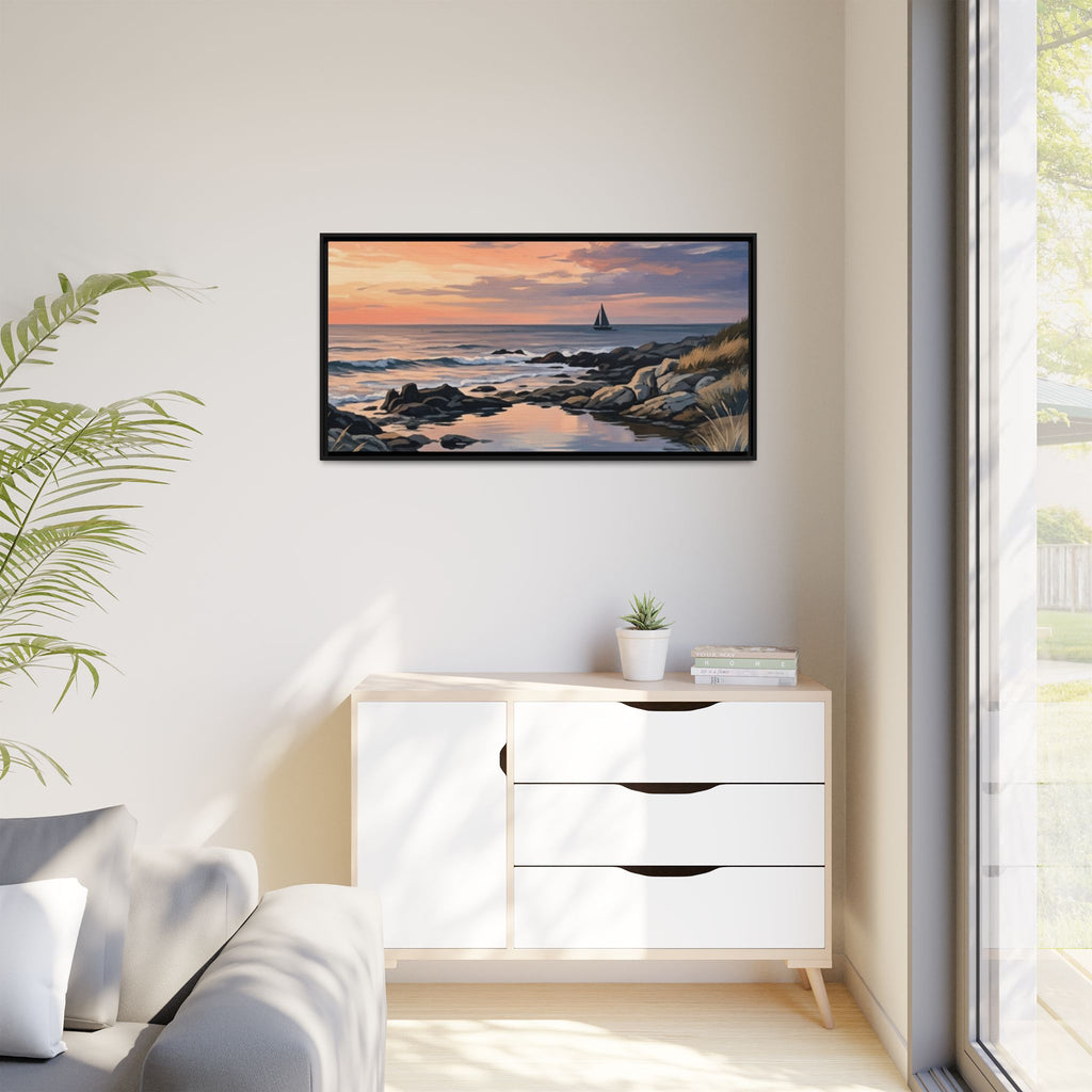 Framed Seaside Sunset Matte Canvas Print – Sailboat Coastal Wall Art