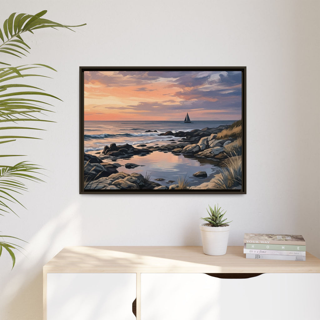 Framed Seaside Sunset Matte Canvas Print – Sailboat Coastal Wall Art