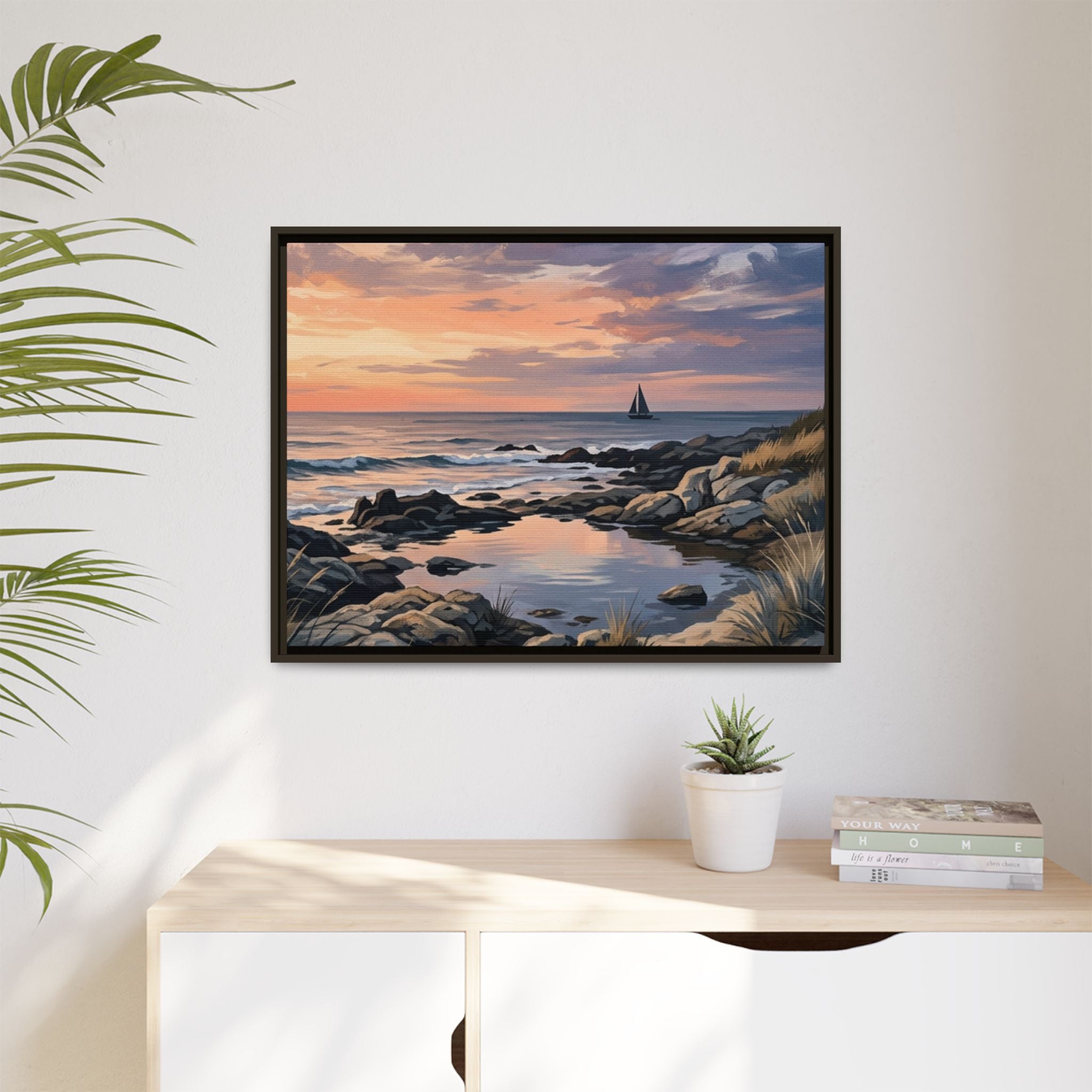 Framed Seaside Sunset Matte Canvas Print – Sailboat Coastal Wall Art
