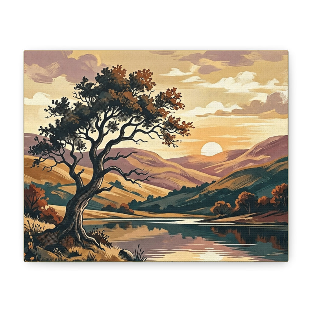 Sunset Lake Landscape Canvas - Vintage Tree Wall Art Print