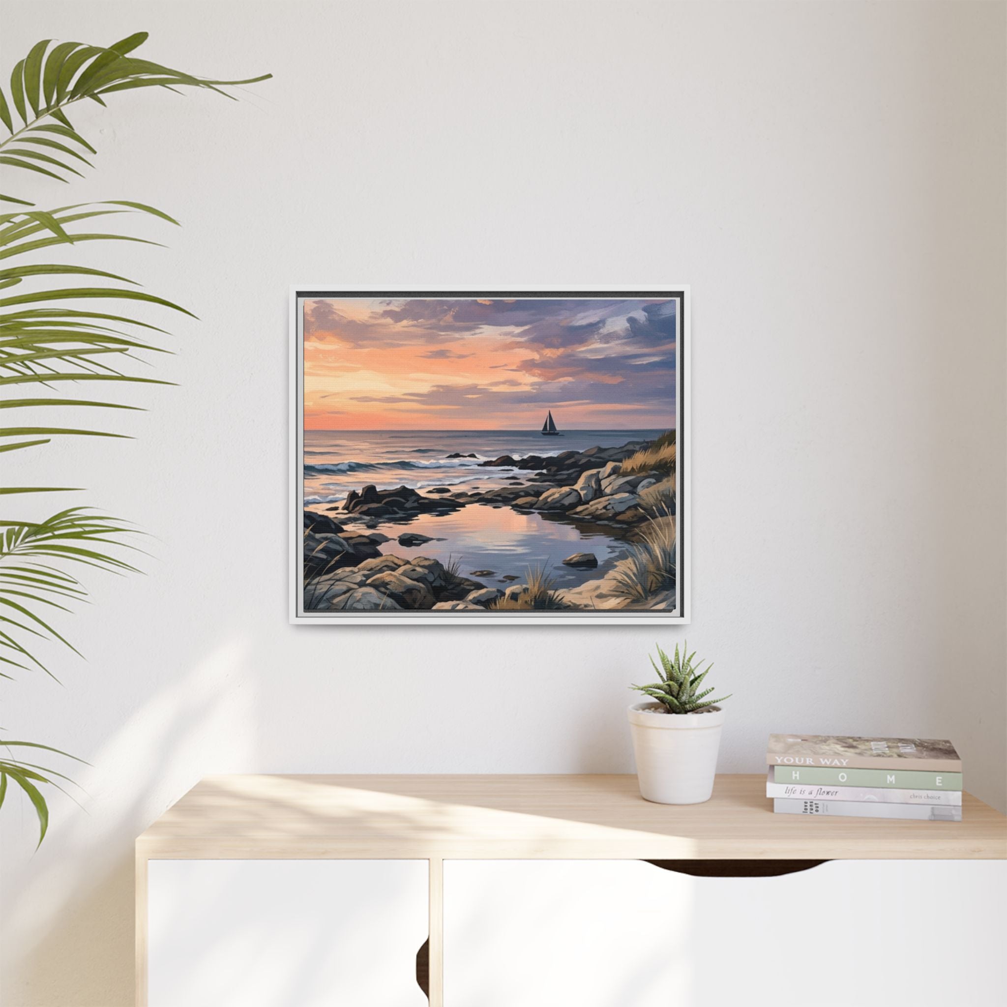 Framed Seaside Sunset Matte Canvas Print – Sailboat Coastal Wall Art