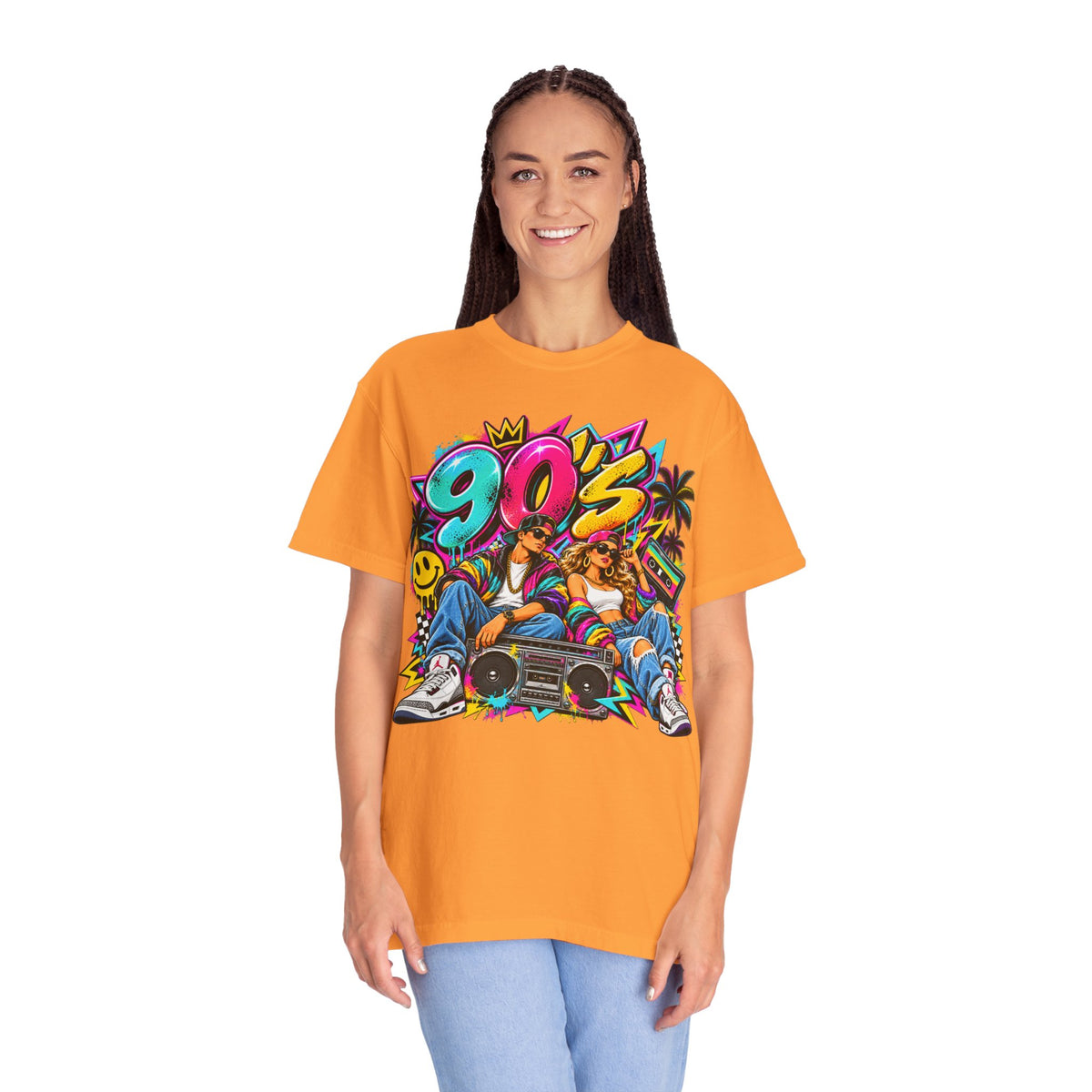 90s Retro Streetwear T-Shirt — Vintage Boombox & Neon Graffiti Design