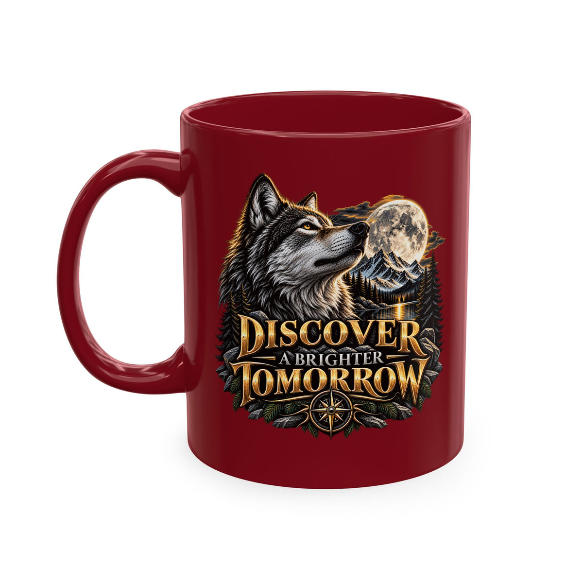 Discover Tomorrow Ceramic Mug — Howling Wolf & Moon Coffee Cup