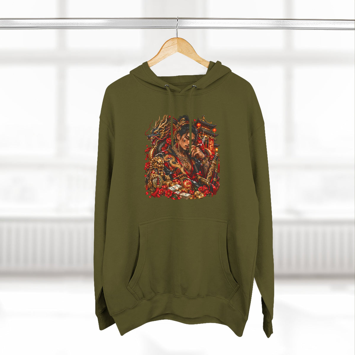 Dragon Battle Hoodie — Three-Panel Fleece Hooded Sweatshirt with Fiery Fantasy Artwork